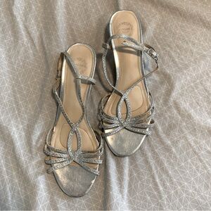 Silver Sparkling Strappy Heels With Clear Heal
